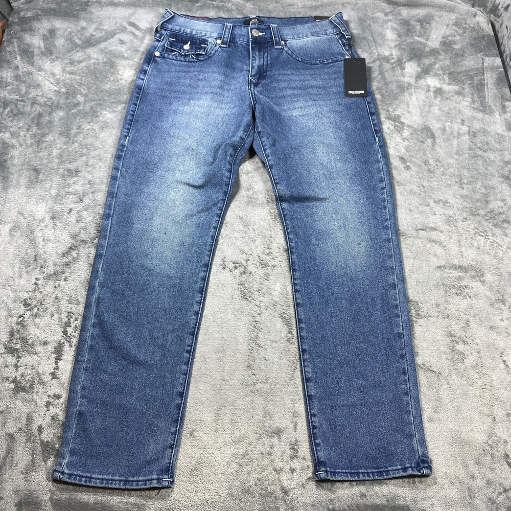 True Religion Geno Relaxed Slim Straight Leg Denim Jeans 34x30 Men Blue Flap NEW